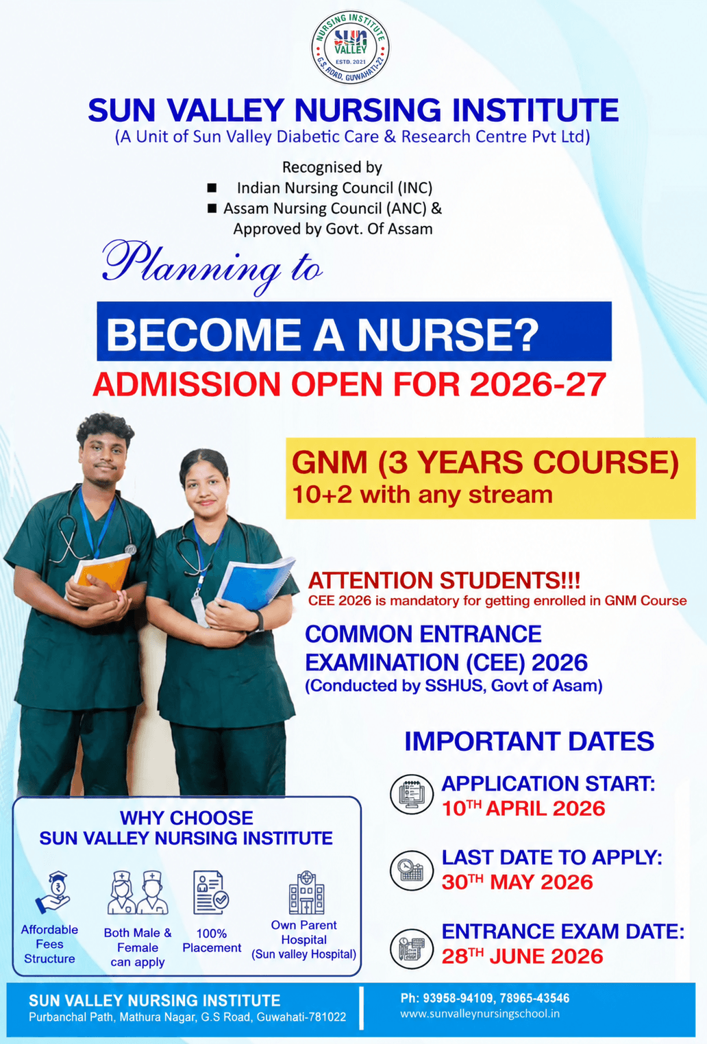 Sun Valley Nursing Institute admission open poster for 2026-27